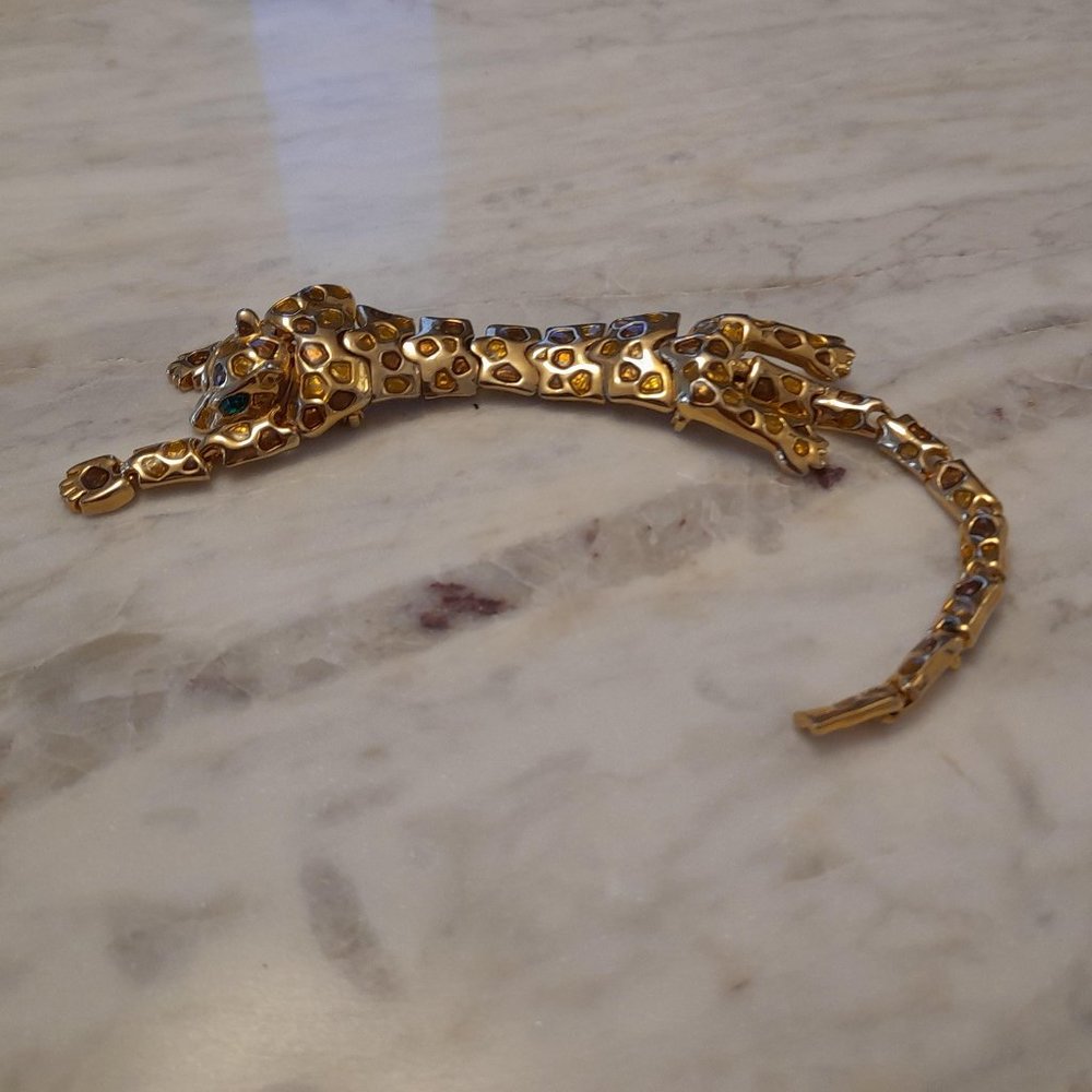 Vintage Articulated Over The Shoulder Leopard Brooch Gold Tone With Amber Stones